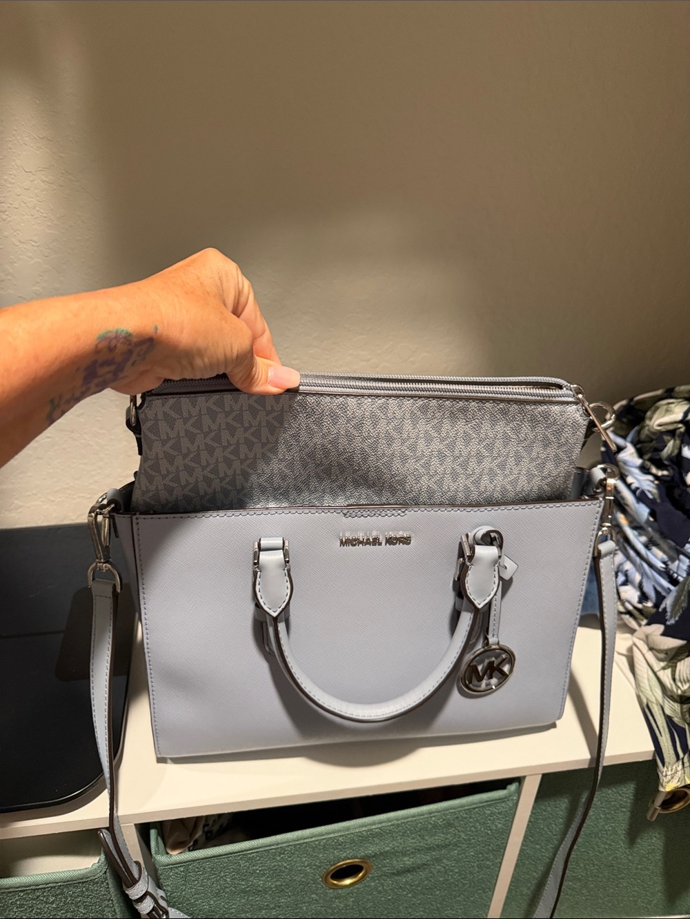 Michael Kors Light Gray Saffiano Leather Satchel with MK Zip Pouch